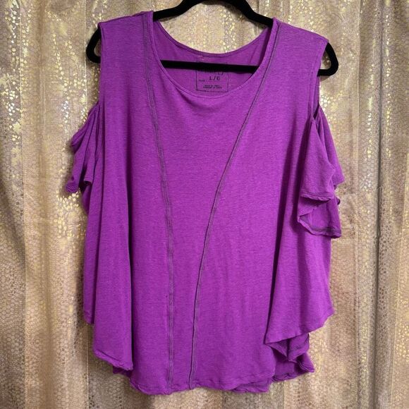 Free People We The Free Purple Rayon Linen Blend Cold Shoulder T Shirt Large - Picture 1 of 7
